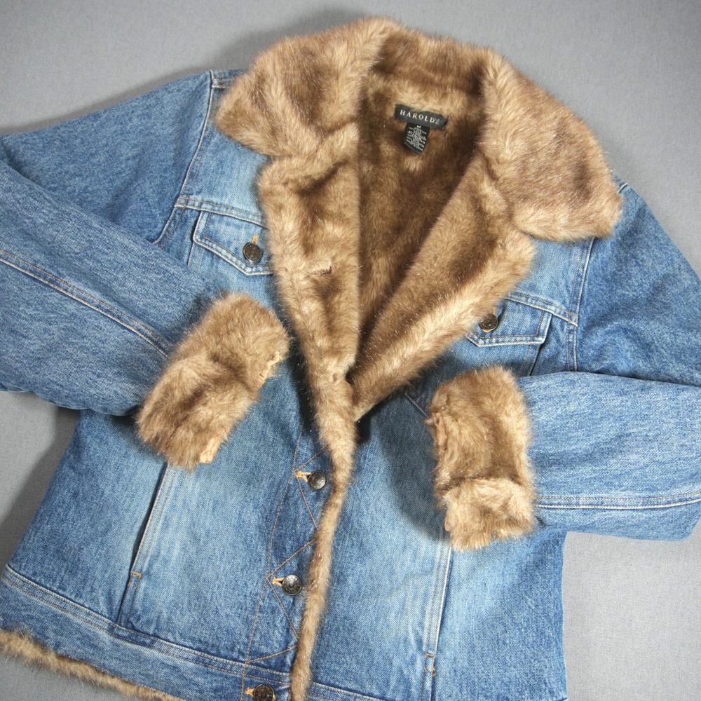 Y2K Western Denim Trucker Faux Fur Lined Women Jacket M Cowgirl Boho Street Fade